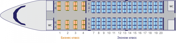 Схема салона самолета ЯК-42 авиакомпании Саратовские Авиалинии