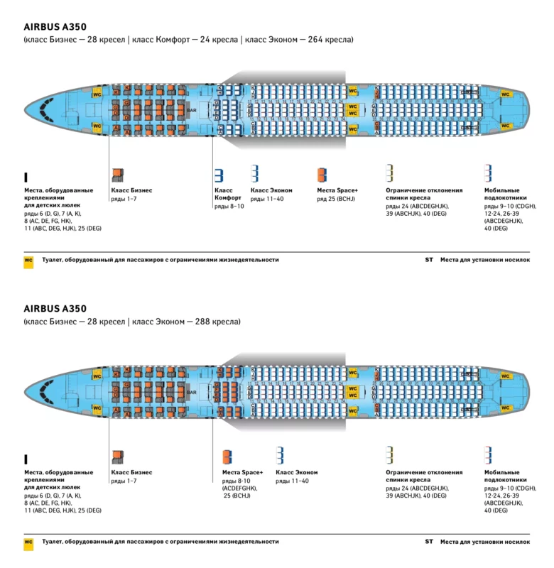 Схема мест Эйрбас А350-900 Аэрофлот